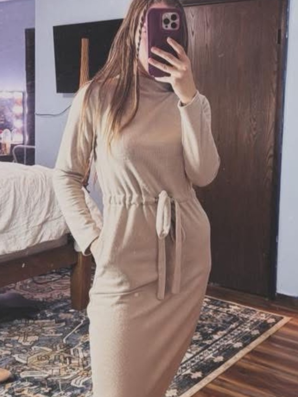 Dainty Jewells Cream Long-Sleeve Tie-Waist Midi Dress - Picture 2 of 2
